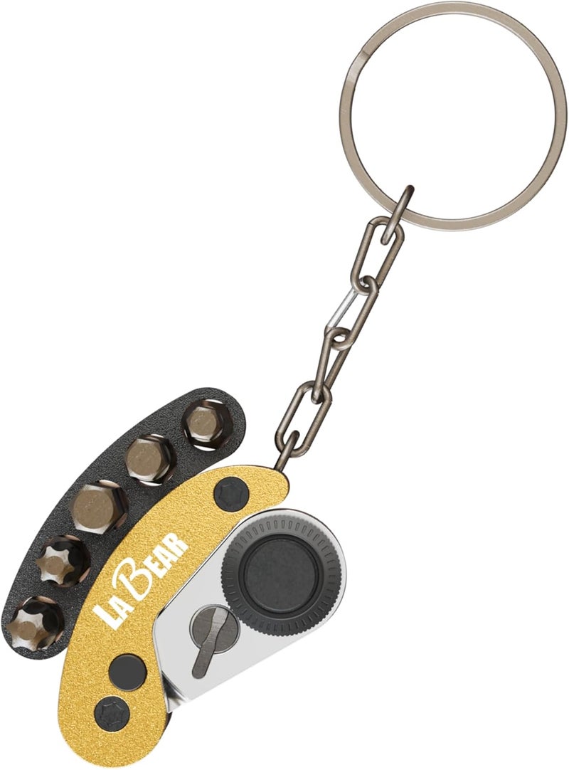 LABEAR - Golden Mini Folding Ratchet Screwdriver Set, 72-Tooth Reversible Pocket Ratchet Wrench with Magnetic, EDC Keychain Tool with 5pcs Bits (H4 H5 H6 T25 T30) for Bike, Car, Home Repair - Image 1